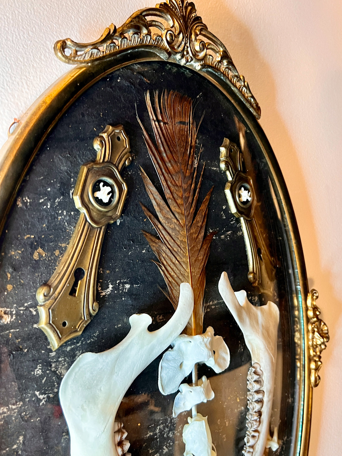 Antique Gold Metal Frame w/ Convex Glass, Bones, Door Hardware, & More