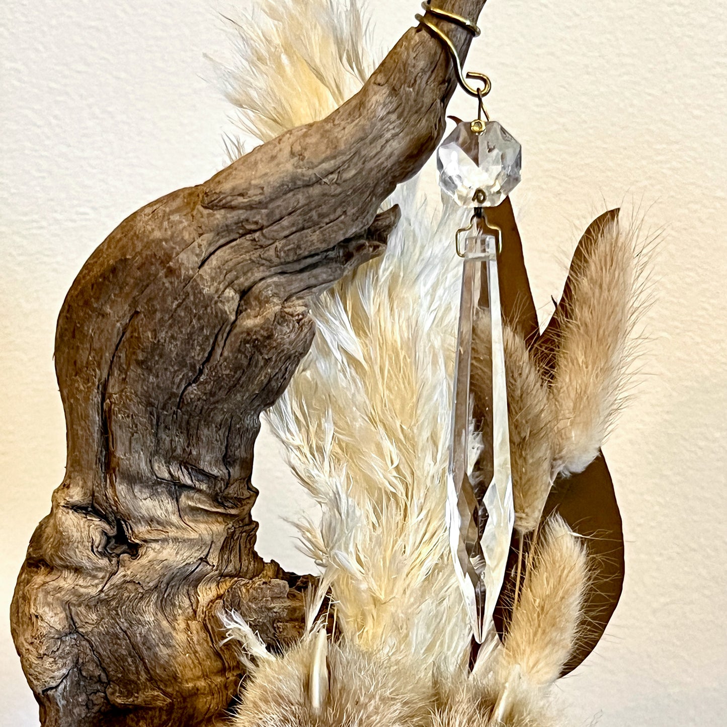 Vintage Clock Dome with Real Lynx Paw, Driftwood, Quartz, and Vintage Chandelier Crystal