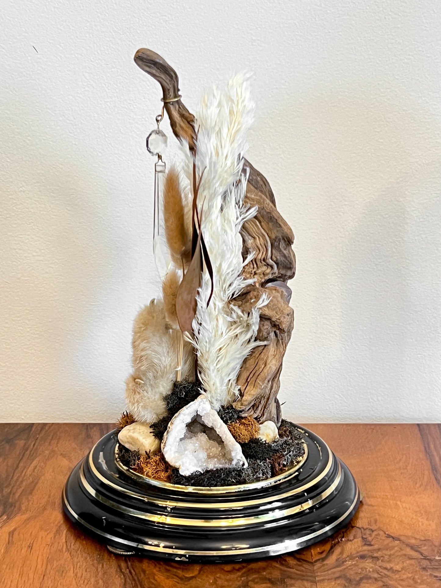 Vintage Clock Dome with Real Lynx Paw, Driftwood, Quartz, and Vintage Chandelier Crystal