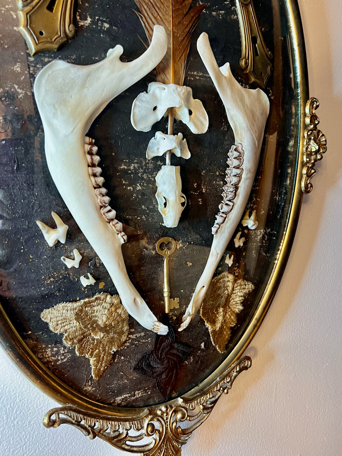 Antique Gold Metal Frame w/ Convex Glass, Bones, Door Hardware, & More