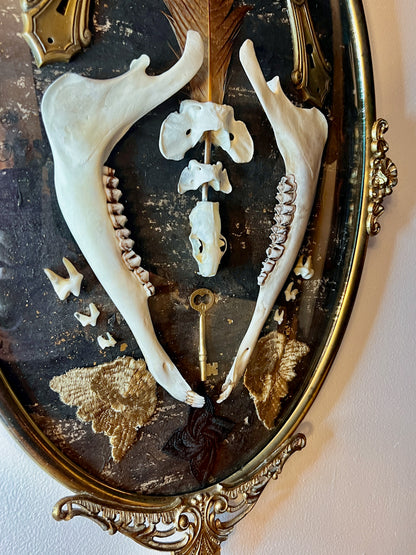 Antique Gold Metal Frame w/ Convex Glass, Bones, Door Hardware, & More