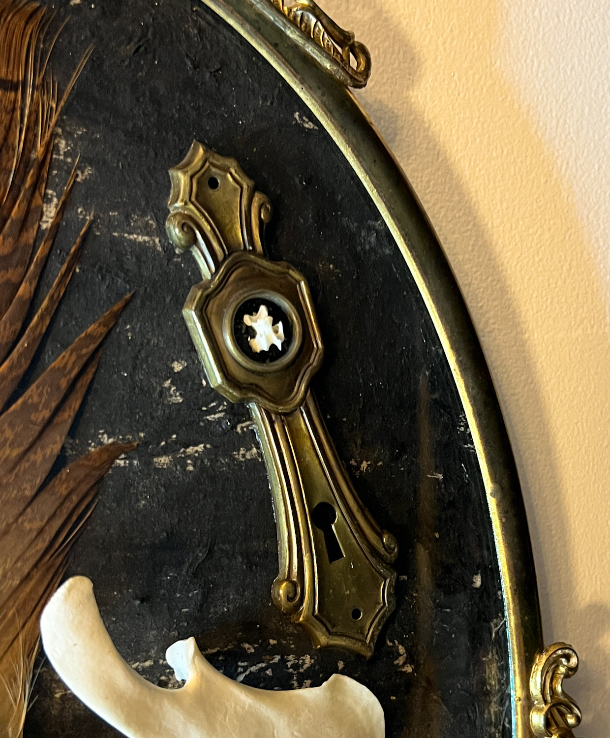 Antique Gold Metal Frame w/ Convex Glass, Bones, Door Hardware, & More