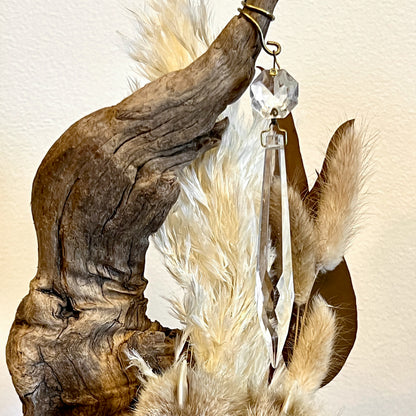 Vintage Clock Dome with Real Lynx Paw, Driftwood, Quartz, and Vintage Chandelier Crystal